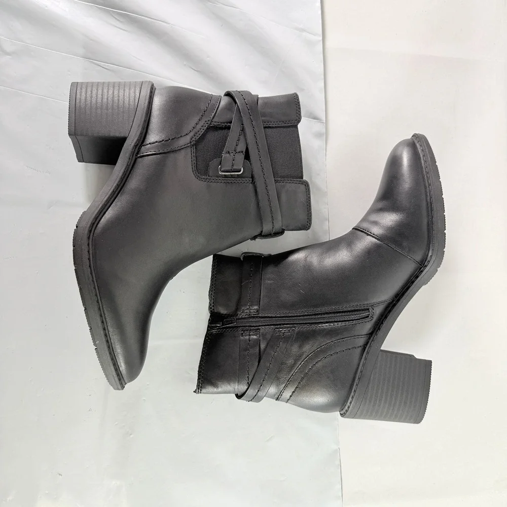 Clarks Scene Star Black Leather Ankle Boots‎ Straps Block Heel Women's Size 9M